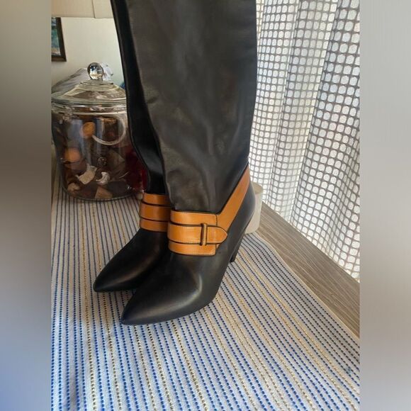 BALENCIAGA Leather Boots Womens Size 38 Black Heels Camel Strap authentic - Picture 5 of 14